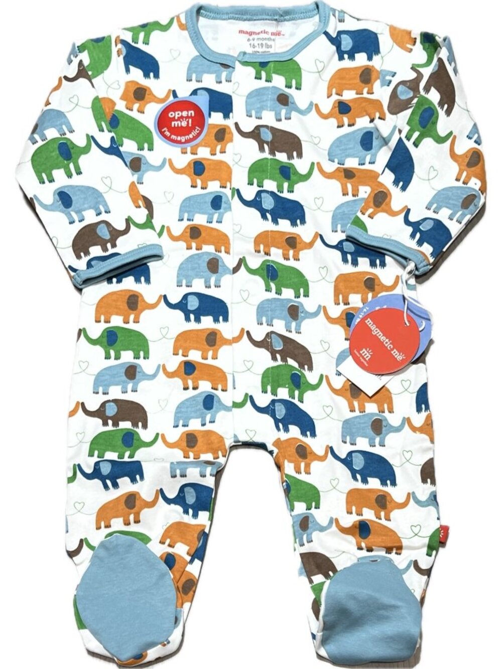 Magnetic Me 6-9m Elephant Footie Pajamas Organic Cotton Sleeper NWT blue orange